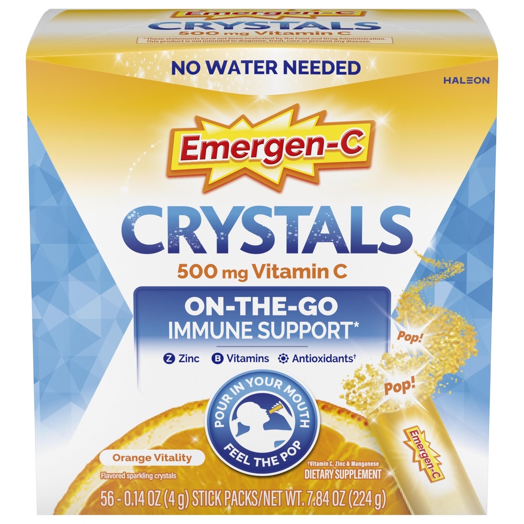 Emergen-C Crystals, On-the-Go Emergen-C Immununterstützungsergänzung mit Vitamin C, B Vitamine, Zink und Mangan, Orange Vitalität - 56 Stick Packs