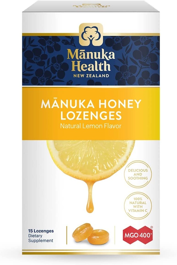 Manuka Health Manuka Honey Lozenges – 15 Lemon Flavored Lozenges – Natural Throat Lozenges Infused mit Raw Manuka Honig und Vitamin C für Immununterstützung