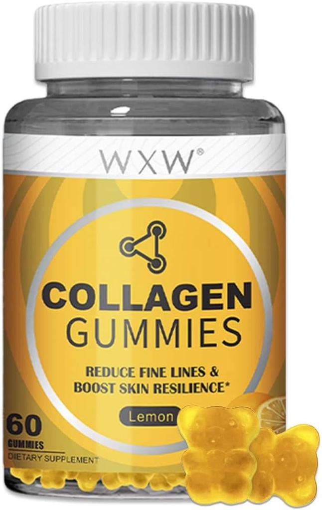 WXW Hydrolysierte Collagen Peptide Gummie für Frauen, Non-GMO Anti-Aging Formel mit Biotin, Zink, Vitamine C & E für Haar, Haut und Nägel | 60ct,Lemon Flavor