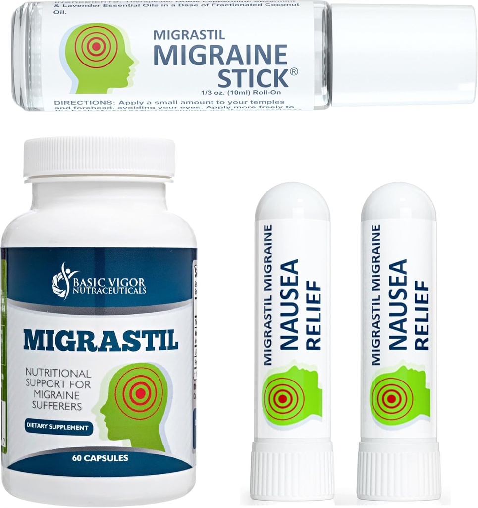 Kit di supporto Vigor Migrastil di base con Migraine Stick, Capsule & Nausea Inhaler. Prodotto negli Stati Uniti