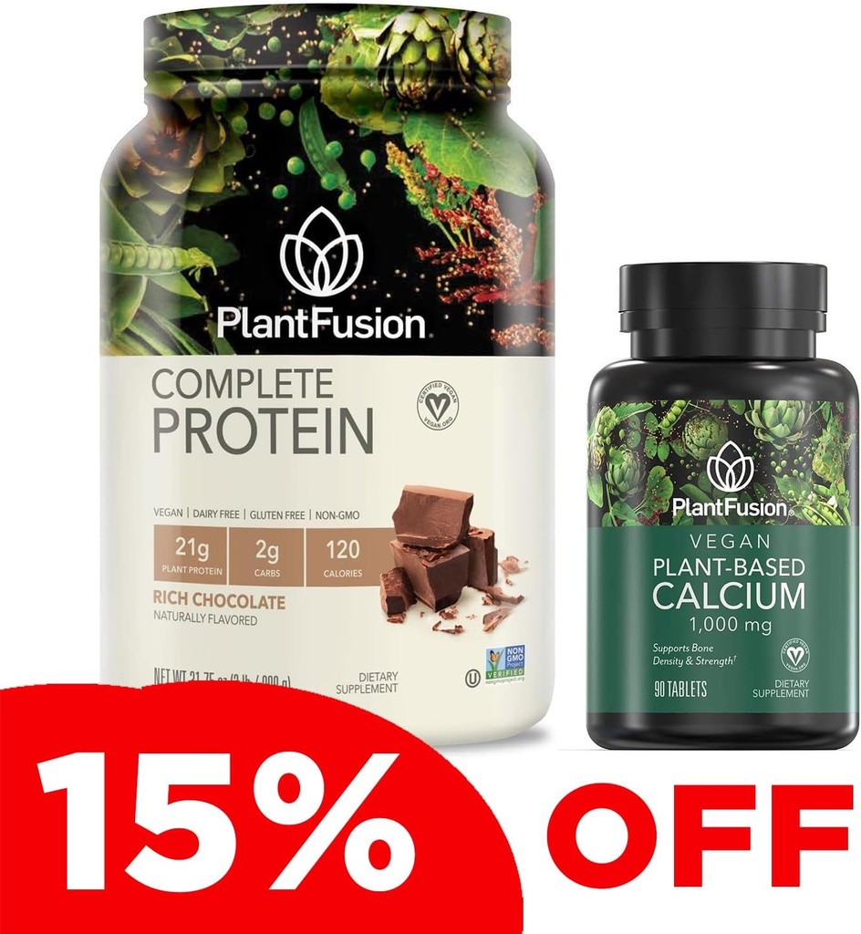 PlantFusion Polvere proteica vegana completa e Bundle di calcio - Polvere proteica basata sulle piante con BCAA, enzimi digestivi e proteine di Pea