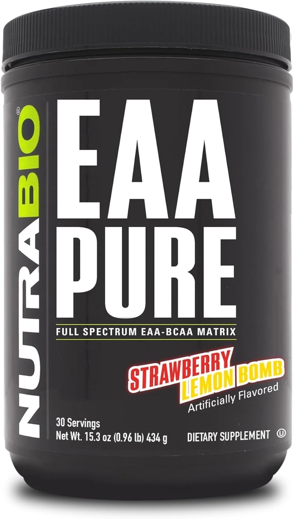 NutraBio – EAA Pure – 9 acides aminés – réparation et récupération musculaire, 30 portions, bombe à citron fraise – avant ou après l'entraînement – récupération toute la journée
