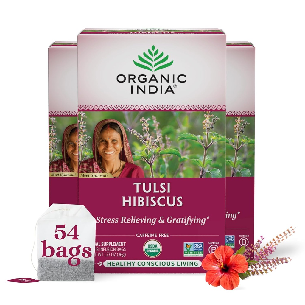 ORGANIC INDIA Tulsi Hibiscus Tea Bags - Santo Basilio Herbal Tea, Stress Alleviare, Calmare, Supporto Immune, USDA Organic, Caffeina Free -18 Bags, 3 Pack