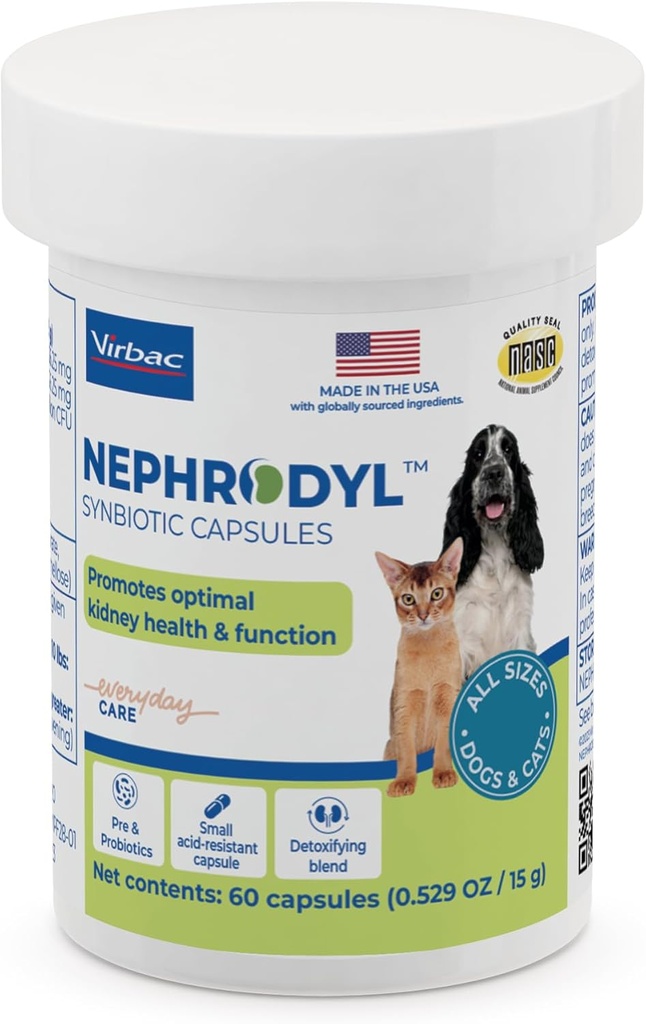 NEPHRODYL Synbiotic Capsules - Kidney Support Supplement für Katzen & Hunde, Probiotics & Prebiotics für Verdauungsmedizin, Small & Easy-to-Swallow Capsules, Made in The USA- 60 Ct
