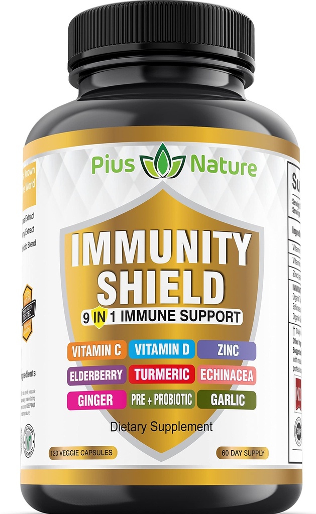 9-in-1 Immununterstützung Vitamin C (1000mg), Vitamin D3 (5000 IU), Zink(22mg) mit Elderberry, Turmeric, Echinacea, Ginger, Knoblauch und Pre+Pro-Biotic per Serving (120 caps per Bottle - 2 Month Supply)