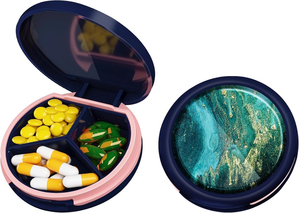 Serfeymi Small Pill Box - 3 scomparti Portatile Pill Box per Purse Pocket, Compact Mini Travel Pill Case - Adatto per Medicina, Vitamina, Olio di Pesce, Integratori - Blu scuro (Tide Smeraldo)
