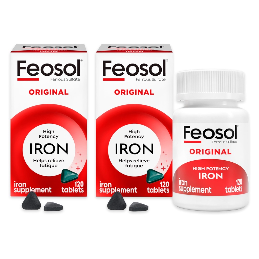 Feosol Original Eisen Ergänzung Tabletten, Non-heme 325mg Eisensulfat (65mg Elemental Iron) pro Pille, 1 pro Tag, 4 Monate Versorgung, für Energie und Immunsystem Unterstützung (120 ct Pack von 2)