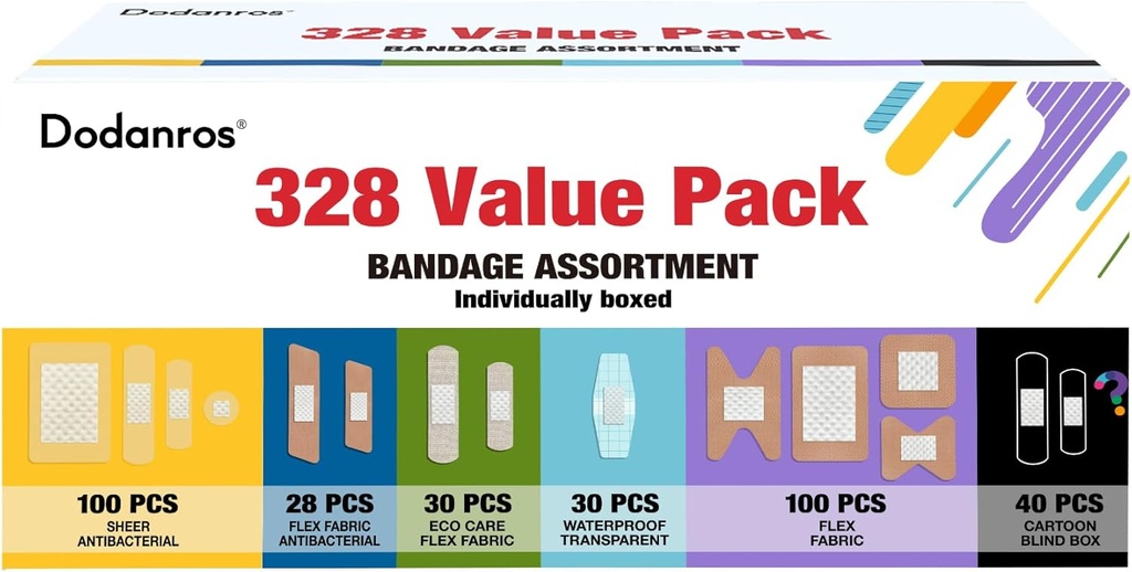 Varietà Bandages Pack, 328ct Bulk assortito varie dimensioni, forme e caratteristiche | Sheer & Flex Tessuto con Benzalkonium, ECO Bamboo Tessuto, Impermeabile, Cartone Blind Box Fragrance Bandages