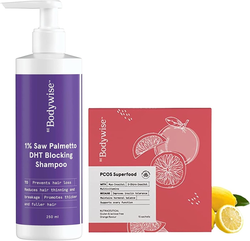 Metrol Be Bodywise PCOS Superfood 15 sachets et 1% Saw Palmetto DHT Shampooing de blocage pour les femmes 250 ml