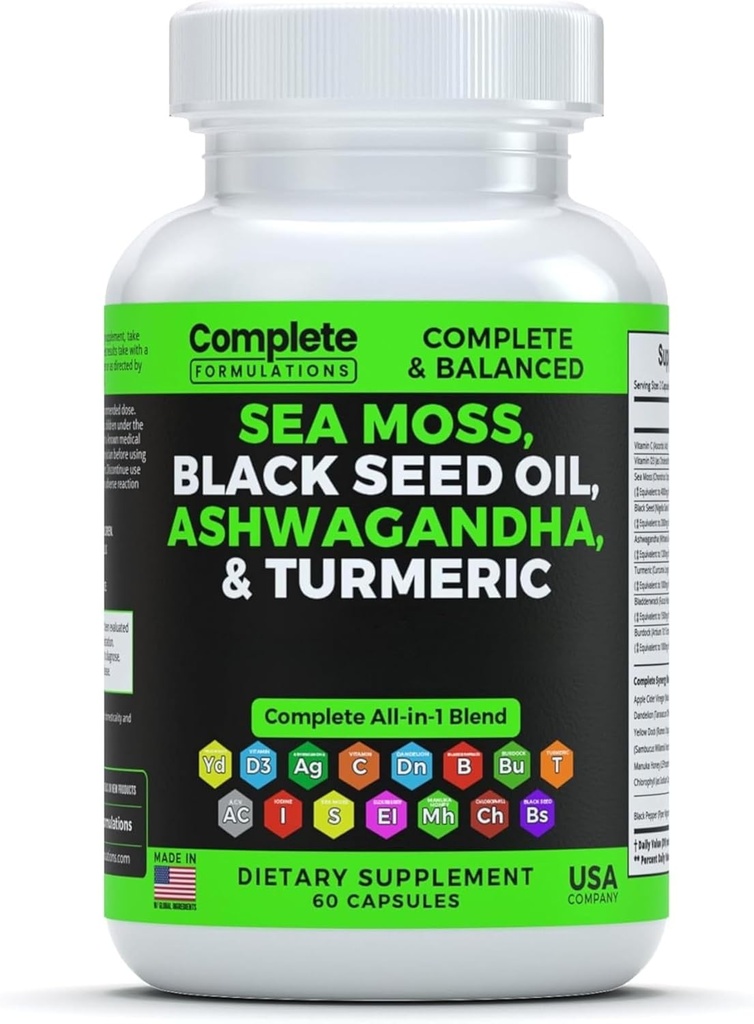 Integratore di moss di mare miscela con l'olio di semi neri Ashwagandha Turmeric Bladderwrack, Burdock & vitamina C & D3 con Elderberry Manuka Dandelion Yellow Dock Iodio