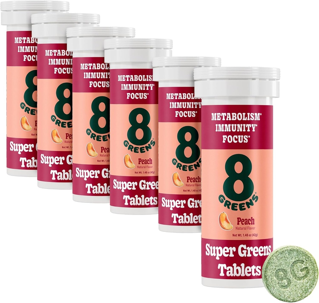 8Greens Supergreens Comprimés Super Greens Poudre Superfood, Métabolisme Immunity & Focus, Daily Greens Comprimés effervescents, Organique: Aloe Vera, Spiruline, Chlorella, Pêche, Tube 60 Servitures.
