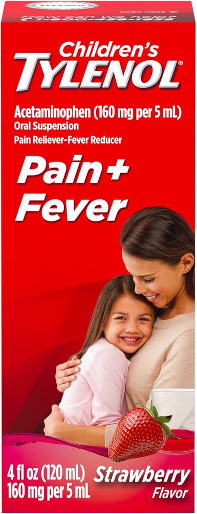 Tylenol pour enfants Suspension buvable, médicament liquide pour enfants Réducteur de douleur et de fièvre pour les symptômes du rhume et de la grippe, Aspirine-, Ibuprofène- et sans alcool, Fraise, 4 fl. oz