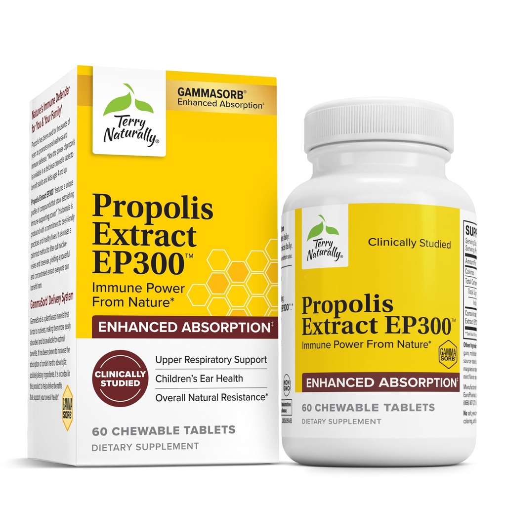 Terry Naturally Propolis Extract EP300 - Upper Respiratory & Immune System Support Supplement - Non-GMO with Bee Propolis Extract - Child & Adult Supplement - 60 Chewable Tablets