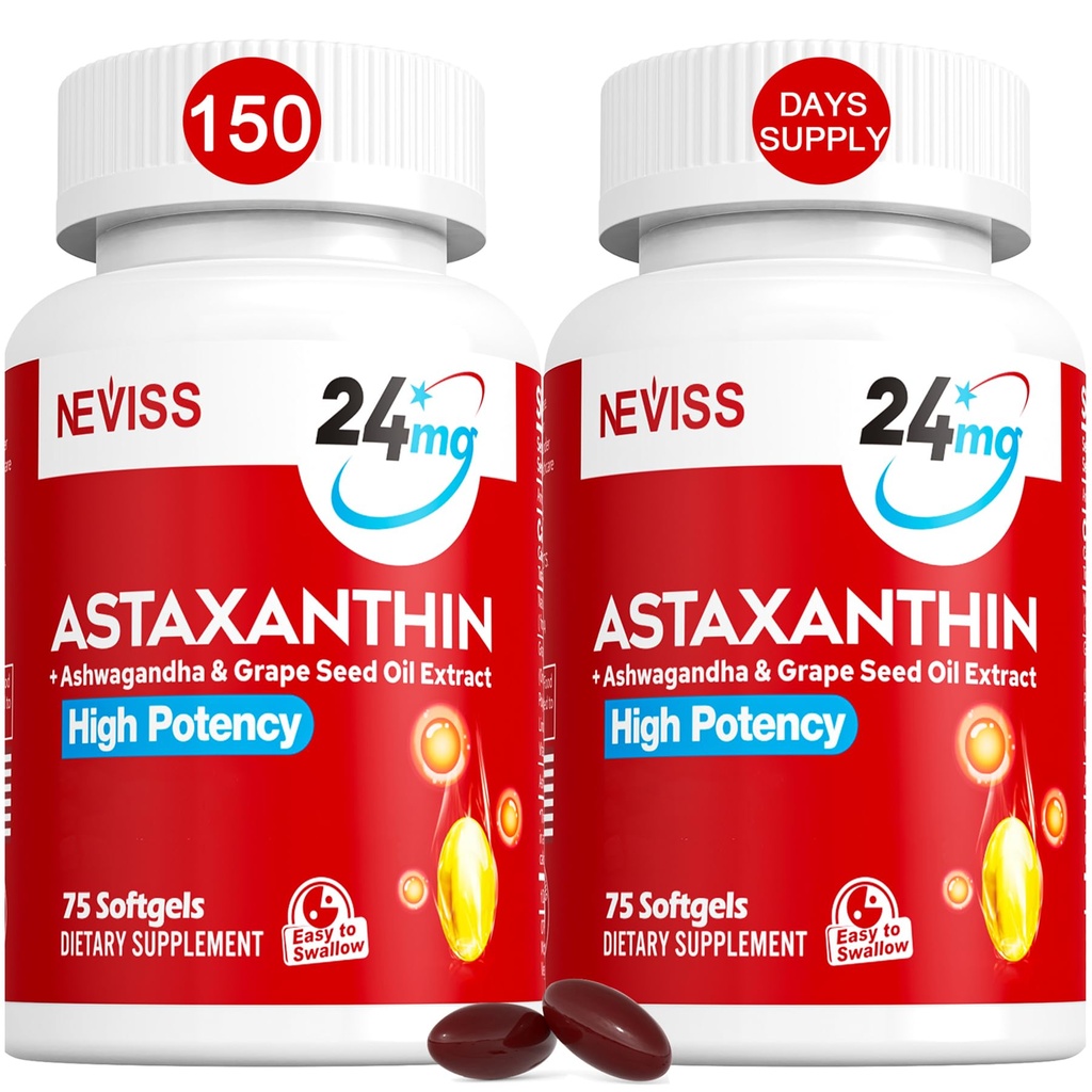 Astaxanthin Ergänzungen 24mg, 5 Monate Versorgung - Kokosnuss MCT Öl, Frische Mikroalgenquelle w/Grape Seed Oil, Ashwagandha - Antioxidantien für gesunde Haut, Augen, Altern - Non-GMO & Gluten Free, 150 Softgels
