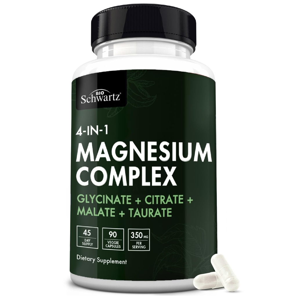 BioSchwartz Magnesium Complex Supplemento (90 capsule) 350mg Magnesio Glycinate Citrato Malato e Taurate Per Servere per sani Nerves Muscoli Supporto per il sonno cardiaco (Vegan, senza glutine, non OGM)