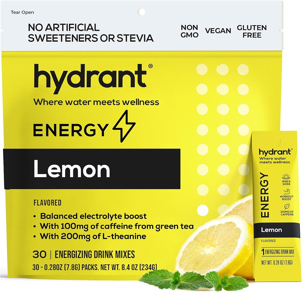 HYDRANT Energy Lemon Flavor 30 Stick Pack, miscela di idratazione rapida di caffeina e L-teanina, pacchetti di polvere di idratazione elettrolitica con zinco