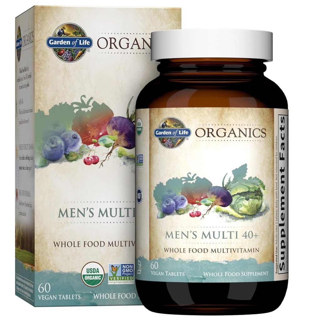 Jardin de la vie Organiques aliments entiers multivitamines pour les hommes 40+, 60 comprimés, Vegan Mens Multi pour la santé, Vitamines bio complètes certifiées bien-être, Minéraux pour les hommes de plus de 40, Vitamines pour hommes