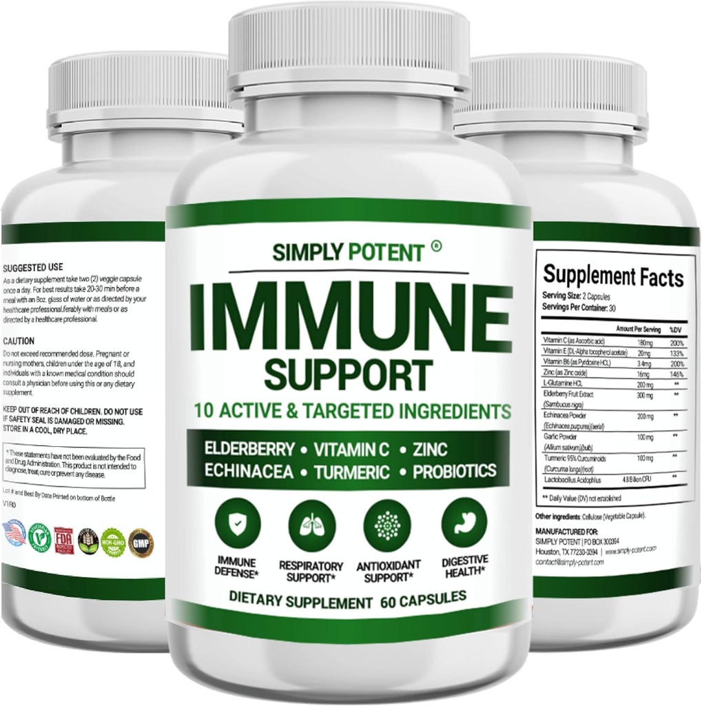 Immununterstützungsergänzung, 10 in 1 Immunität Booster Blend von Elderberry, Vitamin C, Zink, Echinacea, Turmeric, Probiotics & Antioxidantien für Immunabwehr, Respiratory & Digestive Health, 60 Pillen