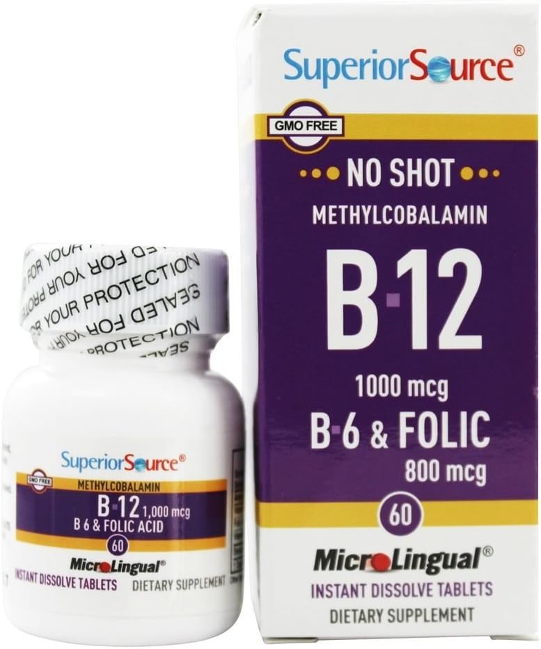 Sorgente superiore - No Shot B12 Methylcobalamin 1000 mcg con B6 & Folic Acid 800 mcg. - 60 compresse dissolve rapide