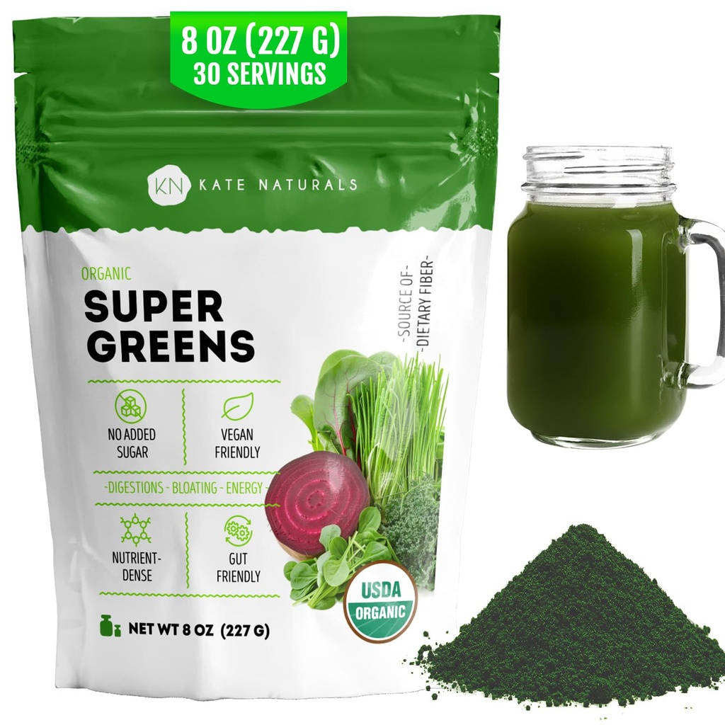 Kate Naturals Organic Super Greens Powder. Daily Greens Superfood Blend mit Probiotics & Fiber für Feuchtigkeit und Saft (30 Portionen, 8oz, Natürlich)