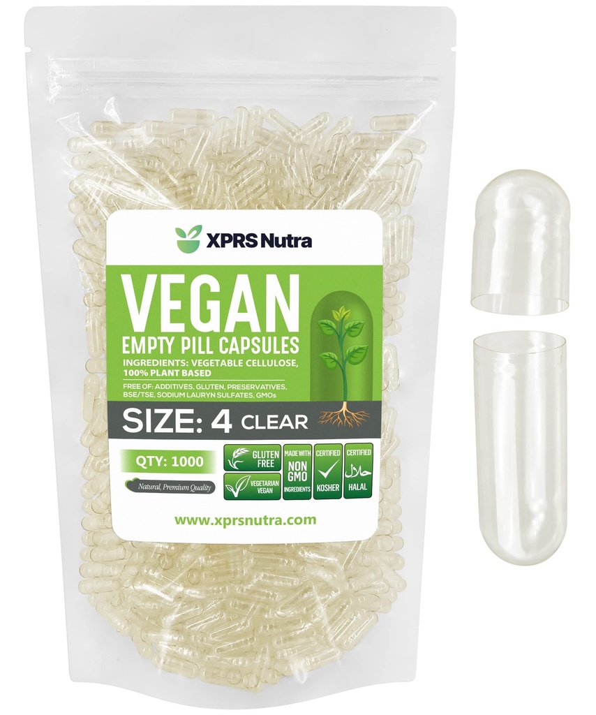 XPRS Nutra Taille 4 Capsules vides - 1000 Compter Petites Capsules Vegan vides - Pilules végétariennes - Garniture de capsules végétales bricolage - Remplir Do-It-Youlf Veggie Caps pour Suppléments