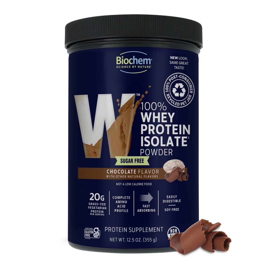 Biochem 100% Whey Cioccolato senza zucchero 20g, 12.5oz, Vegetariano Certificato, Gluten Certificato Libero, Certificato Non OGM Testato, Keto Friendly, Grass-Fed