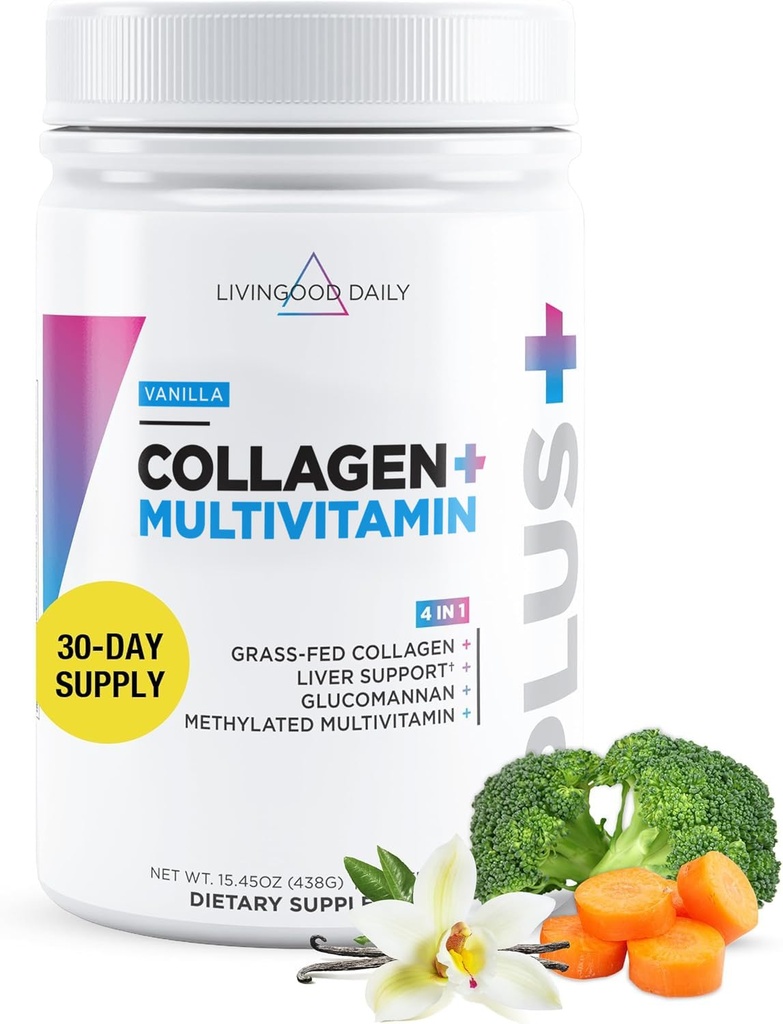 Livingood Daily Collagen Powder für Frauen und Männer, Vanille, Grass Fed Protein, hydrolysierte Collagen Peptide mit Vitamin C & Multi Vitamine für Haar, Haut, Nagel & Gut Gesundheit, Glutenfrei, 30 Servierungen