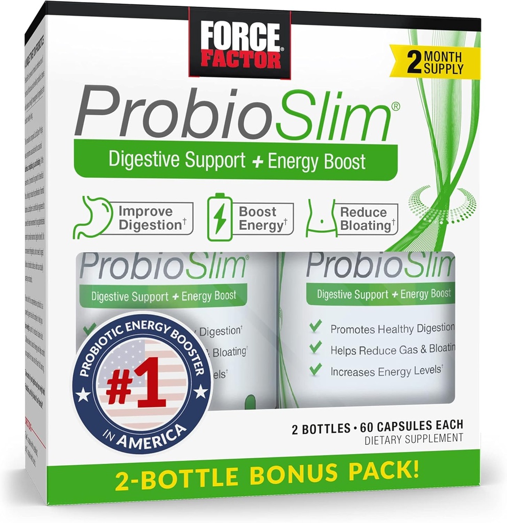FORCE FACTOR ProbioSlim integratore probiotico per le donne e gli uomini con probiotici e Estratto di tè verde, Ridurre gas, Bloating, costipazione, supporto digestivo e salute del fegato, 120 capsule (Twin Pack)