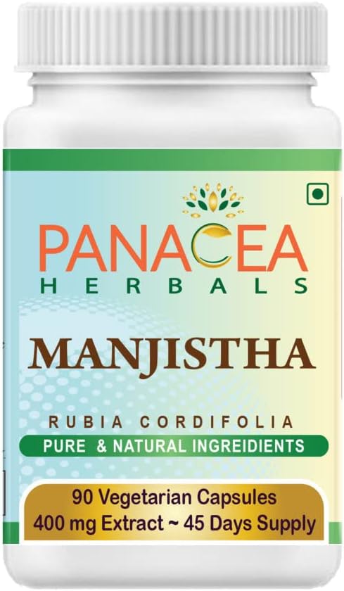 Panacea Herbals Manjistha Capsule (90 Veg Caps 400mg Extract) Rubia Cordifolia, Madder indiano per Glowing Skin Complexion. Gluten Free Lactose OGM Free Pure Herbal Dietary Supplement.