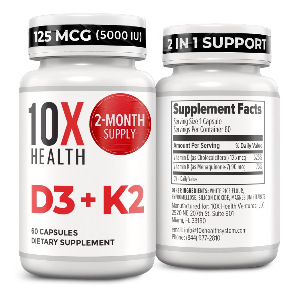 10X Health Vitamin D3 5000 IU & K2 MK7 - Menaquinon 7, High-Potency D3 K2 Vitamin Supplement für Knochengesundheit, Herz und Zähne - 125 mcg Vitamin D & 90 mcg Vitamin K2-60 Kapseln