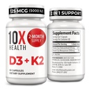 10X Health Vitamin D3 5000 IU & K2 MK7 - Menaquinon 7, High-Potency D3 K2 Vitamin Supplement für Knochengesundheit, Herz und Zähne - 125 mcg Vitamin D & 90 mcg Vitamin K2-60 Kapseln