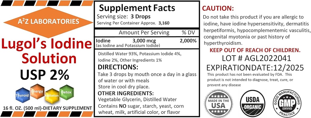 1x16 OZ Organic Lugol's Iodine und Kalium Iodide 2% Lösung 3000 mcg -Liquid Supplement Tropfen für Schilddrüsen Unterstützung für Frauen & Männer, Metabolismus Gesundheit, Detox Boost -16 Fl Oz /Ships Heute!