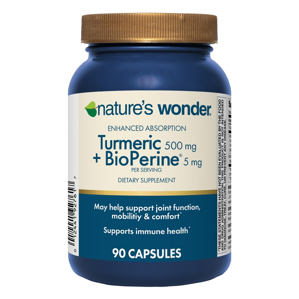 Nature's Wonder Turmeric Supplement mit BioPerine - Verbesserte Absorption Turmeric Complex 500mg mit BioPerine 5mg für gemeinsame Funktion, Mobilität und Komfort, 90 vegetarische Turmeric Capsules
