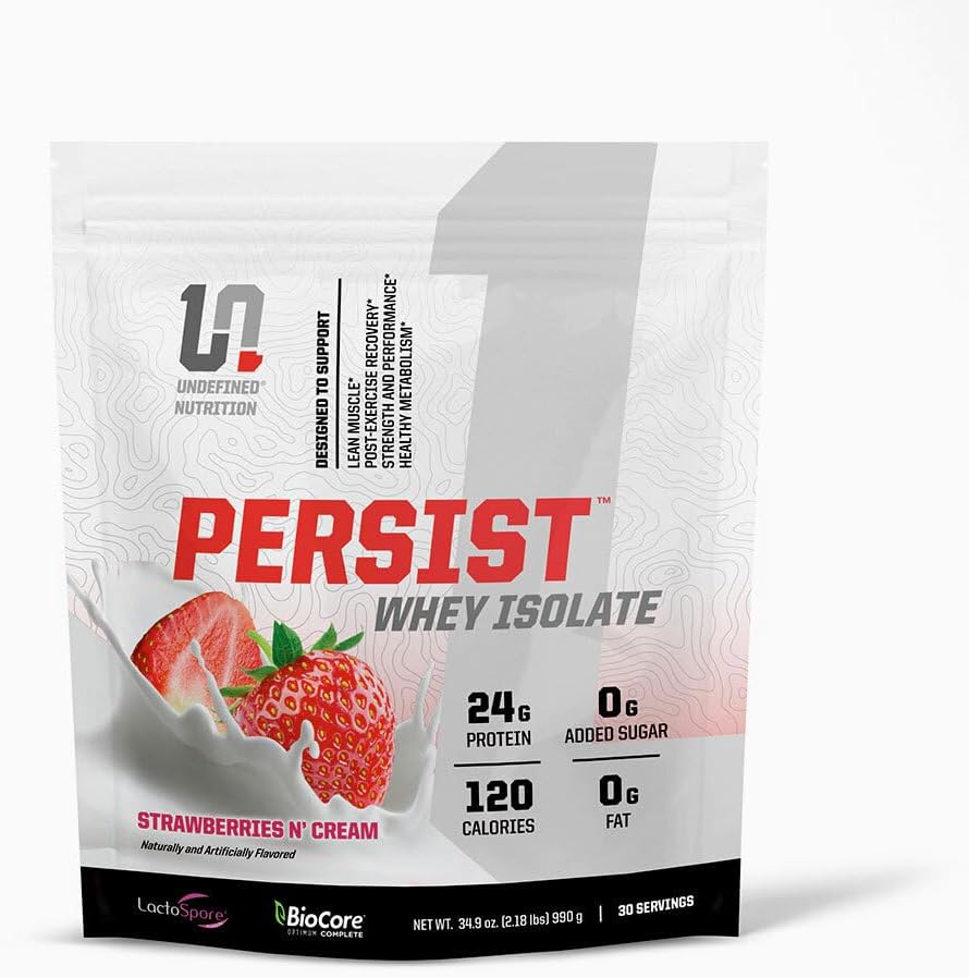 Undefinierte Ernährung Persist Whey Isolate von Brian Shaw - 24g Protein, 30 Portionen – Unterstützt Erholung, Stärke & Performance - Glutenfrei, schnelles Absorbieren (2.18lbs, Erdbeeren N' Cream)