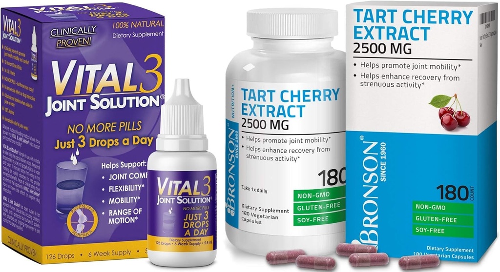 Bronson Vital 3 Joint Solution® Clinical Proven Liquid Knee Relief Supplement Tart Cherry Extract 2500 mg Vegetarische Kapseln