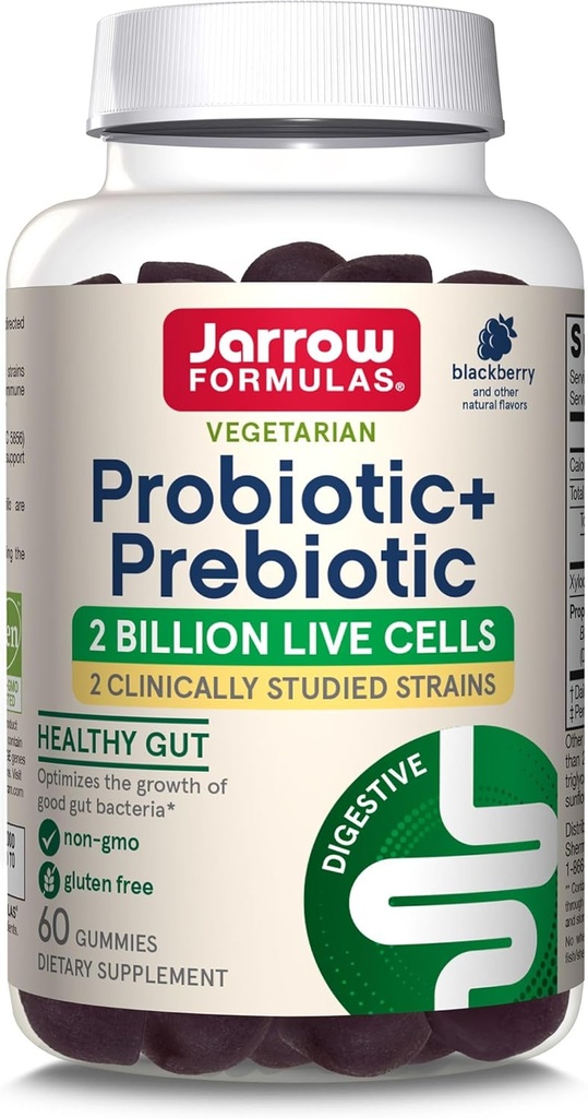 Jarrow Formulas Probiotic+ Prebiotic Nahrungsergänzung, Verdauungsmedizin, Gut Flora+Immune Gesundheit - 2 Billion CFU - 2 Klinisch untersuchte Erdnüsse - 60 Gummie - Blackberry Flavor