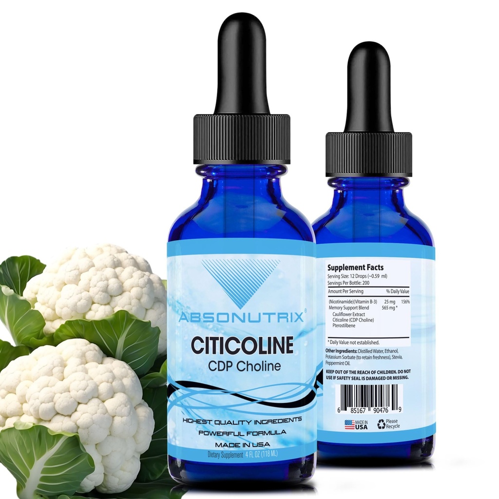 Absonutrix Citicoline 590 mg, Bottiglia da 4 Oz, 200 Serve, Made in USA, Assorbimento Rapido, Ingredienti Potenti Qualità, Non OGM, GMP Certificati, Cruelty-Free Products
