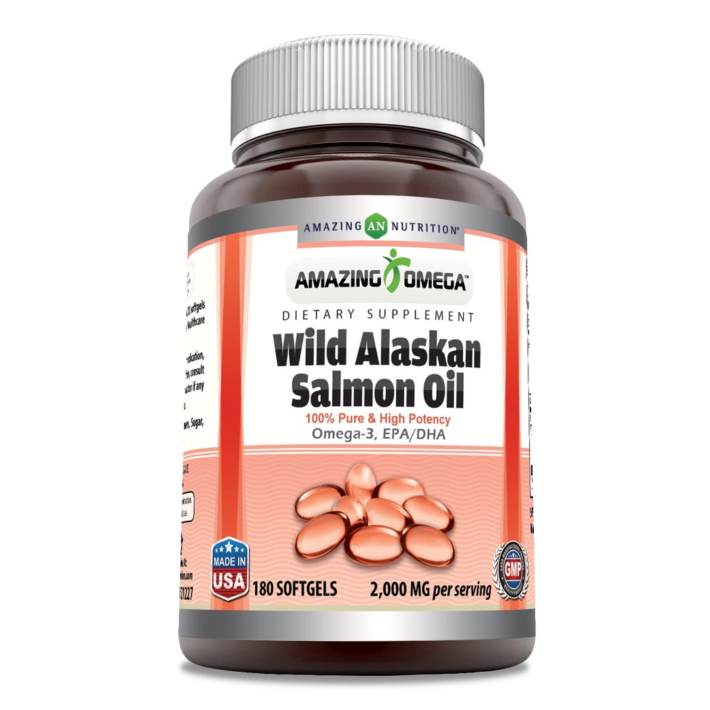 Amazing Omega Wild Alaskan Salmon Oil Supplement $ 2000 Mg par service $ 180 Softgels $ Non-GMO $ Sans gluten $ Fabriqué aux États-Unis