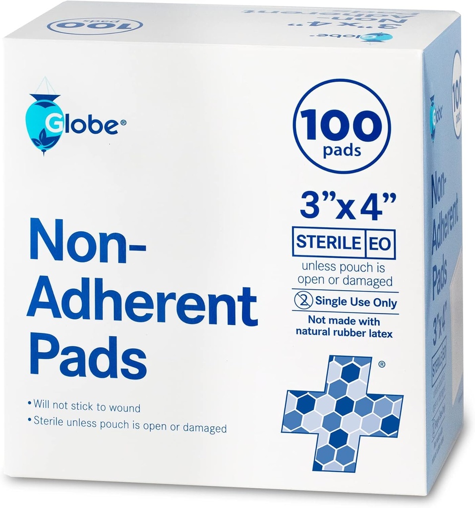 Globe Fortgeschrittene sterile nicht-klebende Pads| 100-Pack, 3” x 4”| Nicht-klehesive Wund Dressing| Highly Absorbent & Nicht-Stick, Schmerzlose Entfernung-Switch| Individuell für Extra-Schutz verpackt (3 x 4)