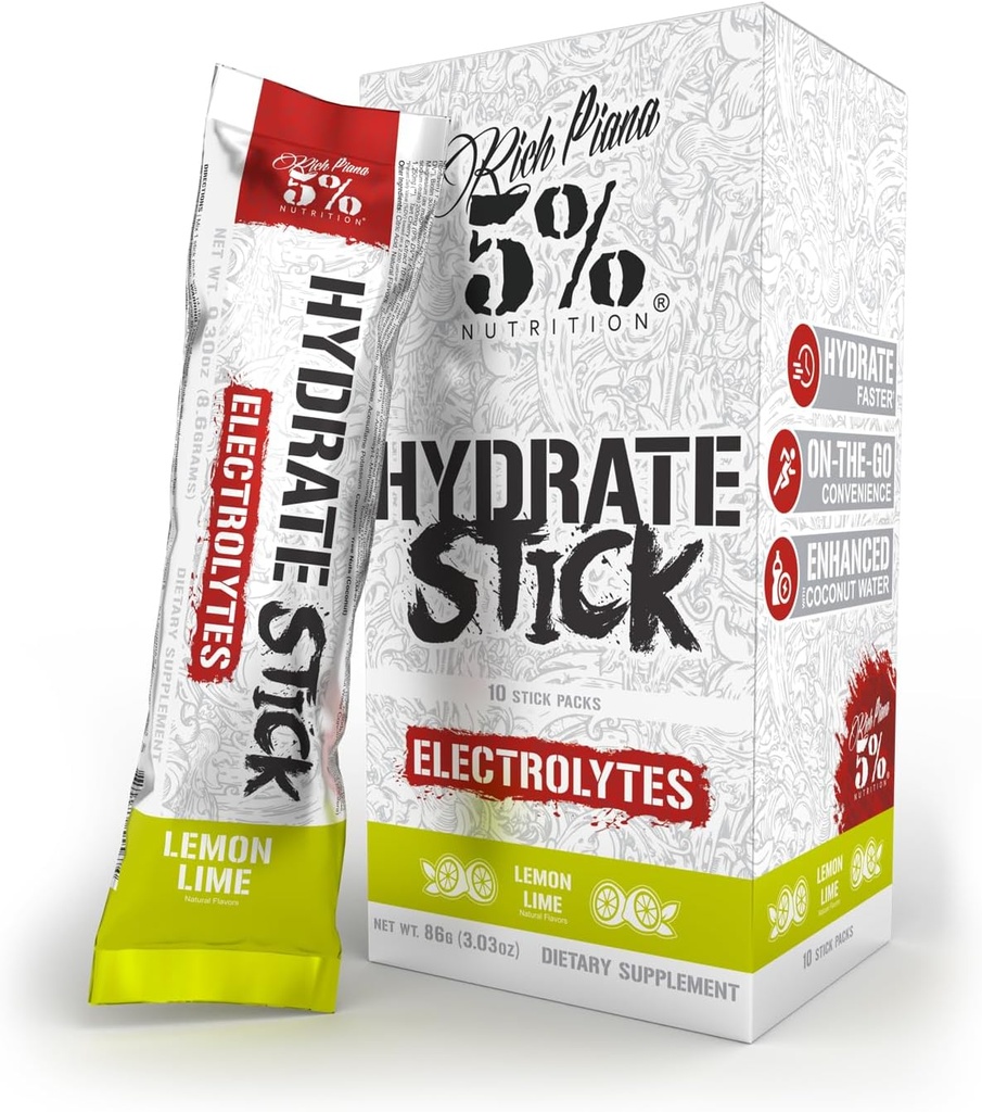 5% Nutrition Hydrate Stick Hydration Packets | Sport Electrolyte Powder Mix Packets with Coconut Water (Lemon Lime) (10 Conte)