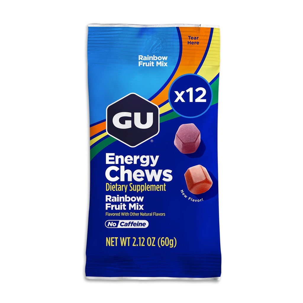 GU Energy Chews, Rainbow Mix Energy Gummis mit Elektrolyten, Dairy-Free, On-The-Go Energy for Any Workout, 12 Taschen (24 Portionen insgesamt)