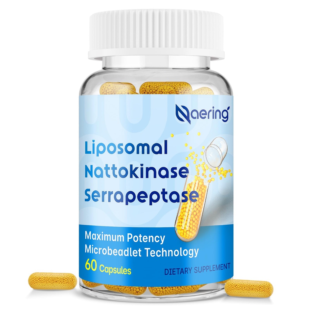 Liposomale Nattokinase 12.000 FU Serrapeptase 360.000 SPU Enzymergänzung - angereichert mit synergistischen Enzymen und Nährstoffmischung & Inulin für Zirkulation, Gut, Digestion 60 Kapseln (1 Flasche)