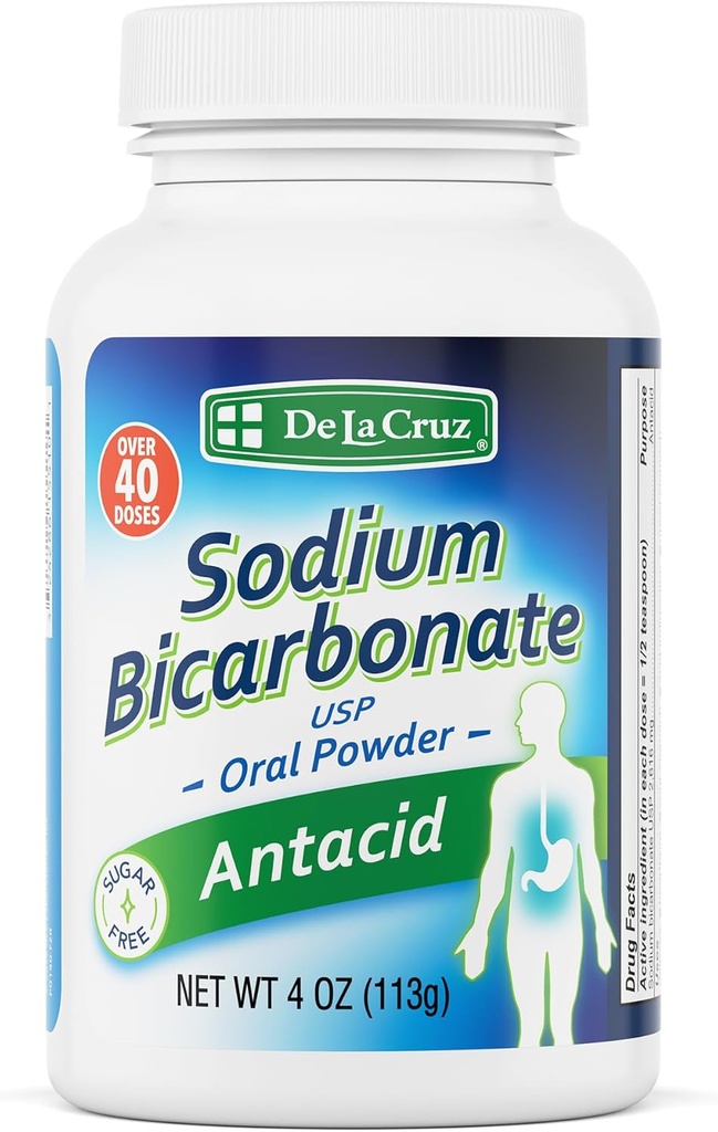 De La Cruz Pure Sodium Bicarbonate - USP Grade Bicarbonato di Soda – 100% Pure Baking Soda – Polvere di Antacid in Alluminio Gratuita per Heartburn & Indigestion - Confezionata in USA, 4 OZ.