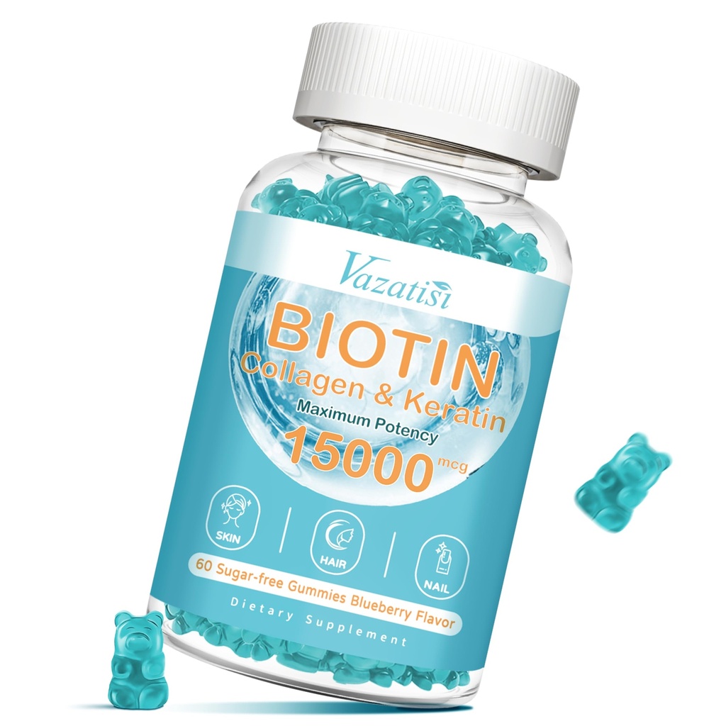 Biotin und Kollagen-Gummien mit B12, Haarhaut und Nägel Vitamine-Gummien für Haarwachstum, glänzende Haut & starke Nägel - Blueberry Flavor, Sugar Free, 60 Ct