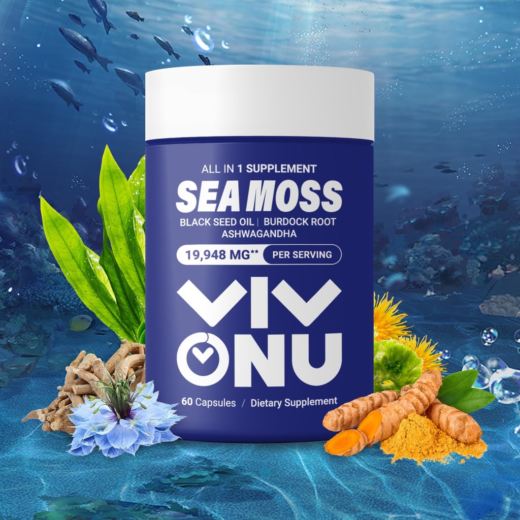 Sea Moss Black Seed Oil Ashwagandha Shilajit Ginger-Sea Moss Capsule conBurdock Turmeric Vitamins C & D3 Elderberry Ginger ACV Manuka Dandelion-Immune System,Skin,Energy Support