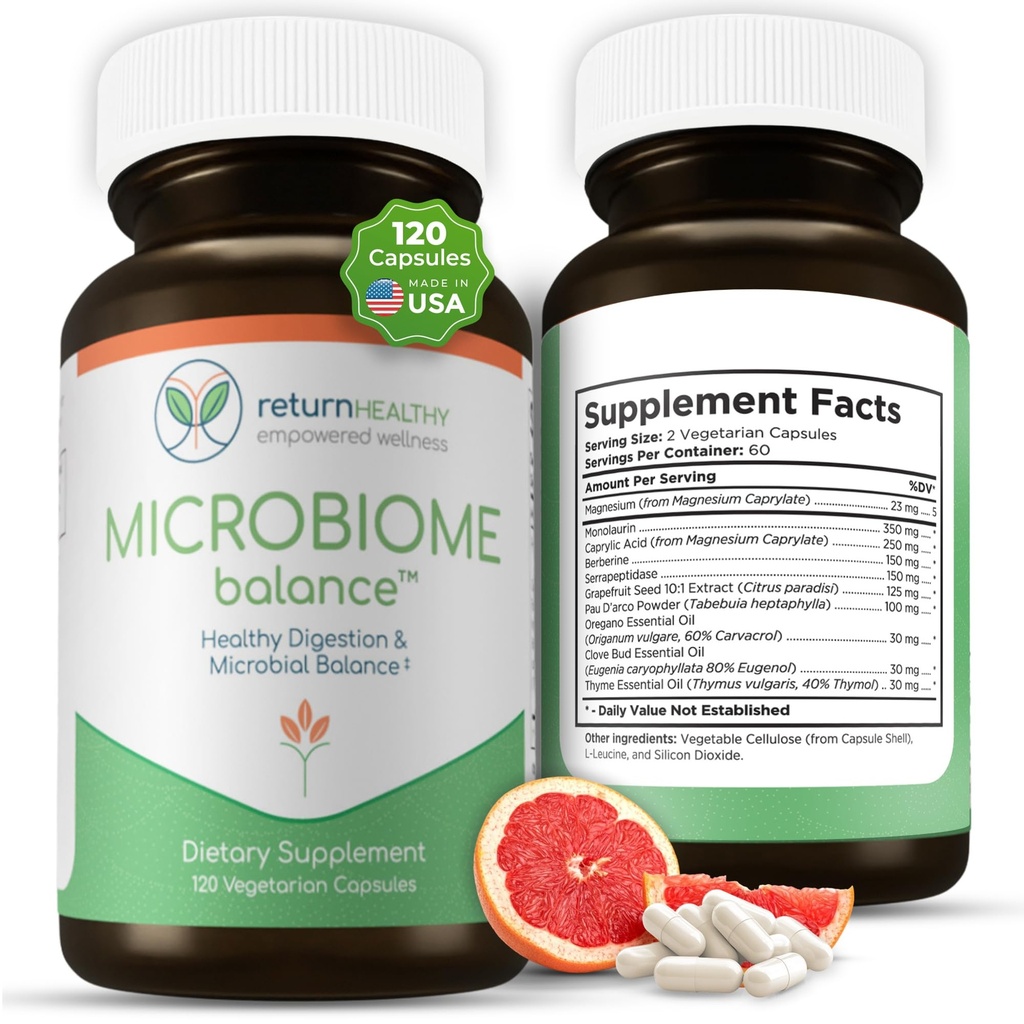 Microbiome Balance, Gut Health Supplements für Frauen und Männer, Verdauungsergänzung mit Monolaurin und Caprylsäure, All-Natural Detoxification Supplement für Verdauungs-Gesundheit, Verdauungs-Boost 120 C