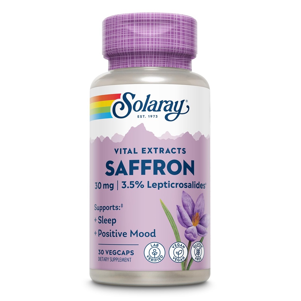 SOLARAY Saffron Extract - Sleep and Positive Mood Support - Vegan und Gluten Free Saffron Supplements - Lab Verified - 60-Day Garantie - 30 Servierungen, 30 VegCaps