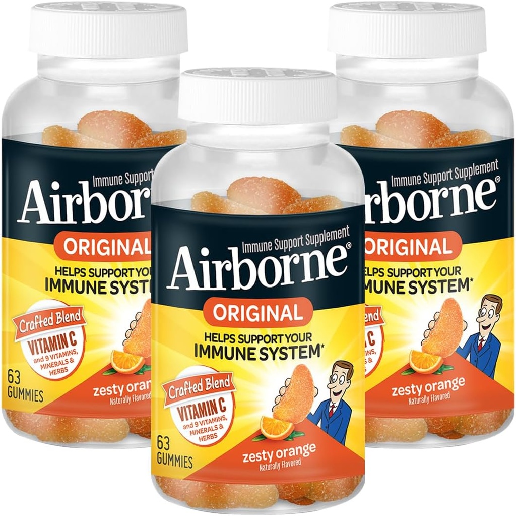 Airborne 750mg Vitamin C Immune Support Supplemento Gummies per adulti, Zesty Orange Flavor, Gluten Free Crafted Blend con potenti antiossidanti Vitamine A C & E, 63 Gummies (3 Pack)