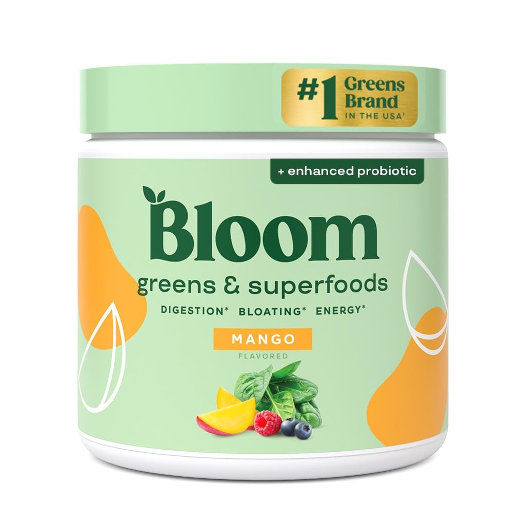 Bloom Nutrition Superfood Greens Powder, Digestive Enzyme mit Probiotika und Präbiotika, Gut Health, Bloating Relief für Frauen, Chlorella, Green Juice Mix mit Rübe Root Powder, 30 SVG, Mango