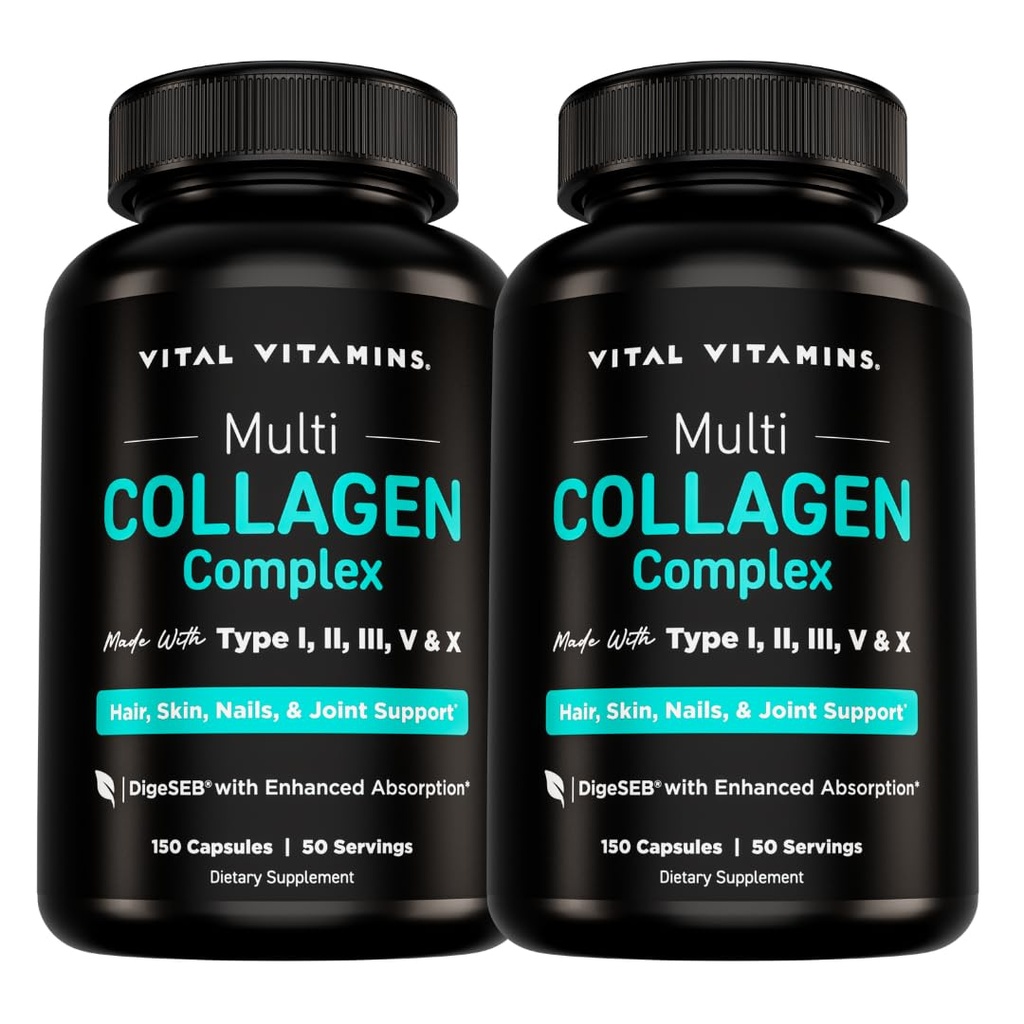 Vital Vitamine Multi Collagen Pillen für Damen und Herren (2-Pack) - hydrolysierte Collagen Peptide - Typ I, II, III, V, X - Grass Fed, Non-GMO